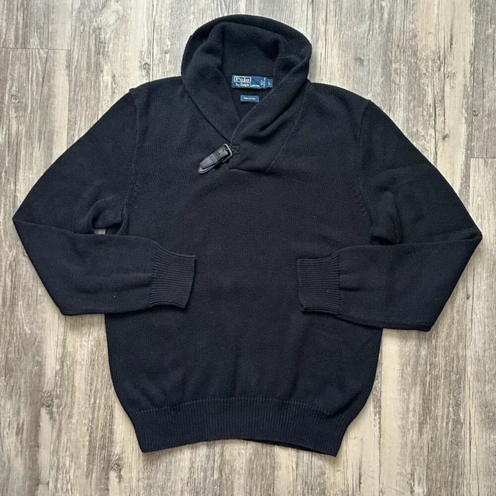 Vintage Polo Ralph Lauren Buckle Shawl Collar Black Knit Sweater Size Large